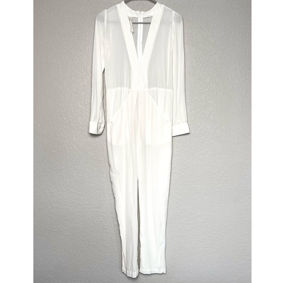 JEN’S PIRATE BOOTY Ivory Silk Long Sleeve V-Neck High Rise Ankle Crop Jumpsuit S - Picture 1 of 5